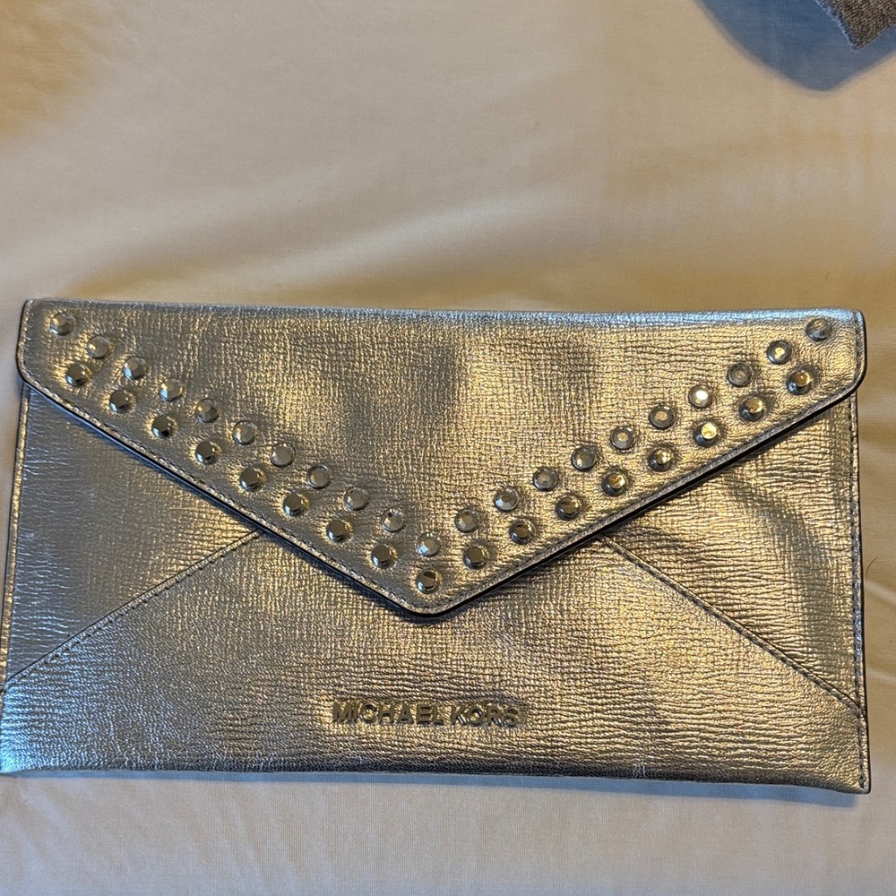 Michael Kors Metallic Silver Studded Clutch